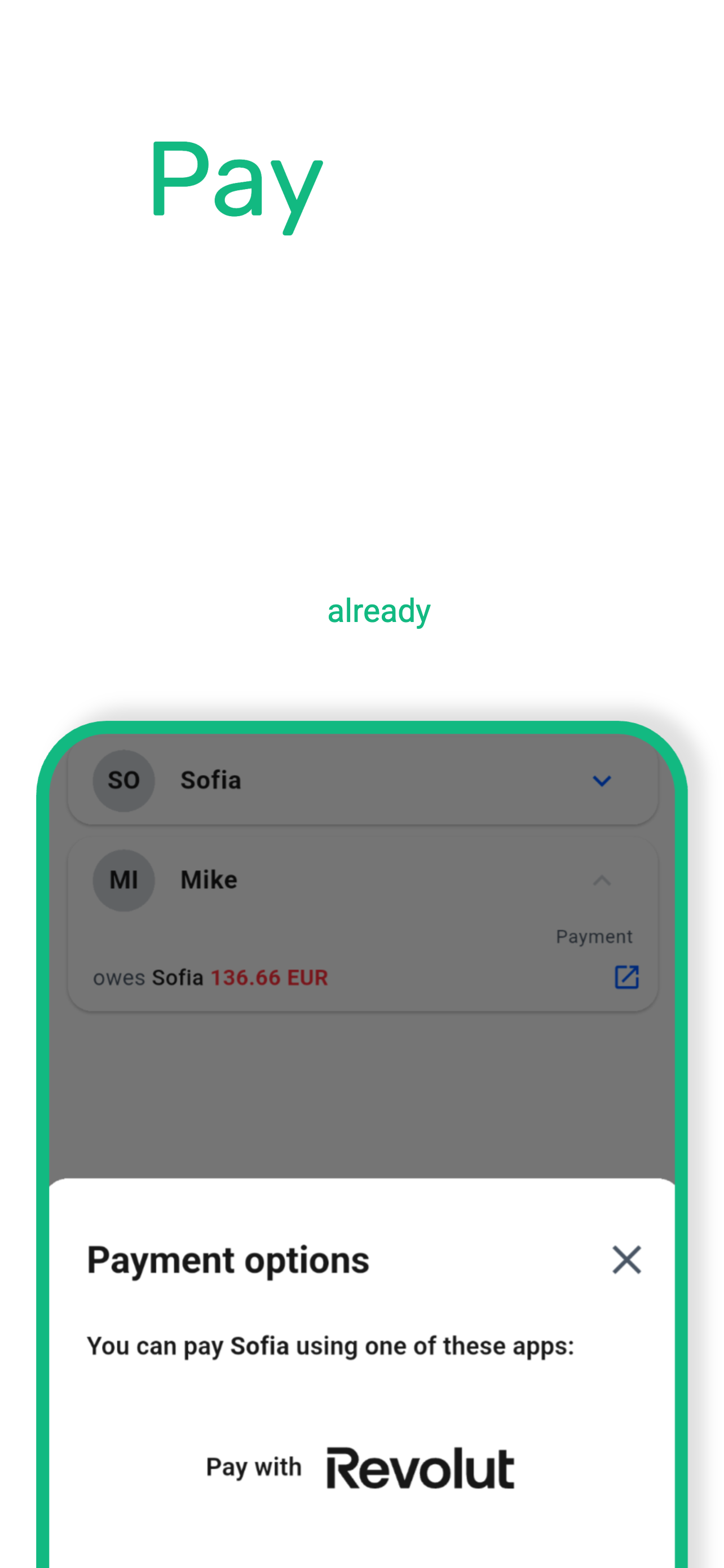 Settlify payment options screen showing Revolut as a suggested payment app