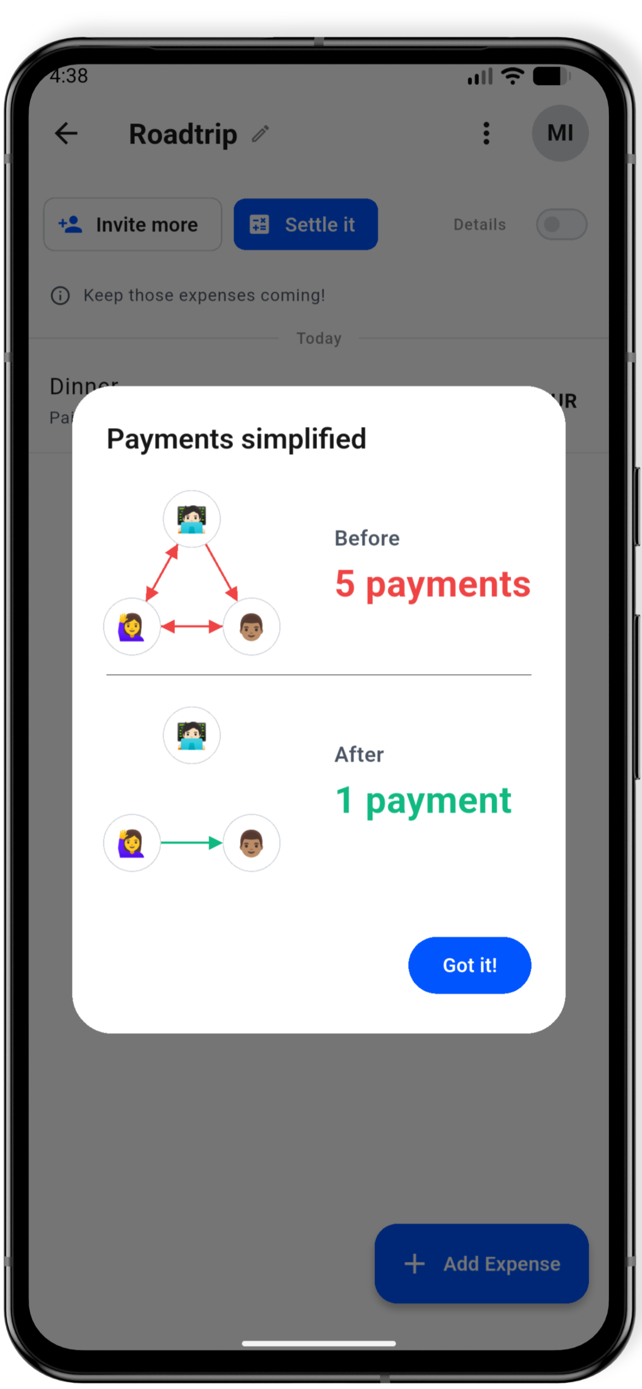Settlify app showing debt simplification: 5 payments reduced to 1