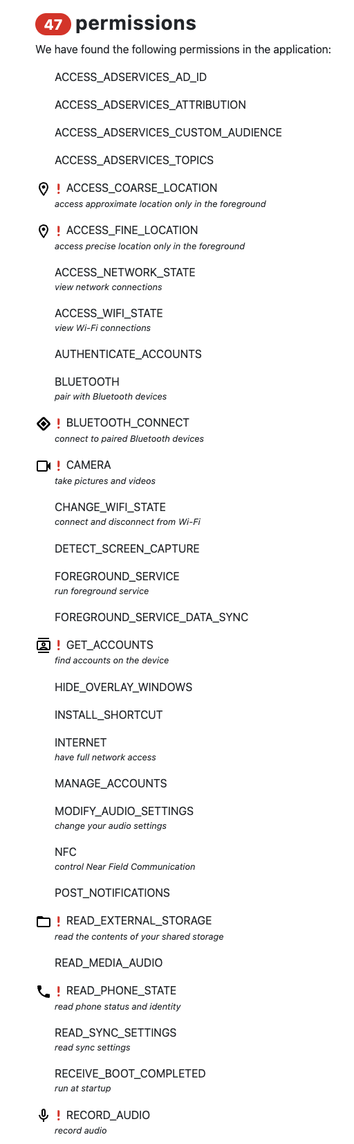 Tricount list of permissions